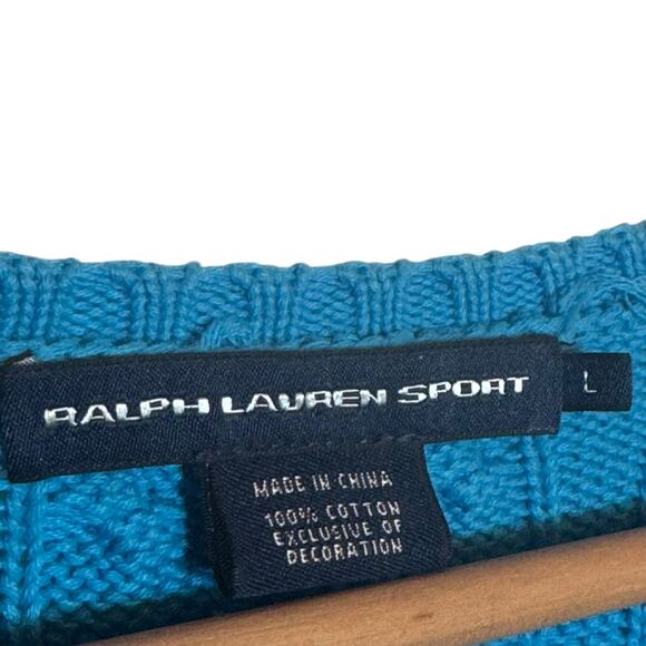 Vintage Ralph Lauren Sport Teal 100% Cotton Size Large Cable Knit V Neck Sweater - Picture 6 of 6